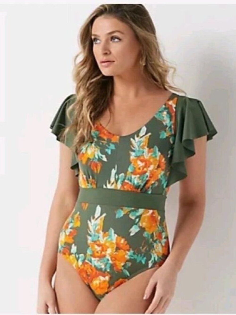 Denim & Co Beach Flutter-Sleeve One-Pc Swimsuit Olive Green Floral Size 18w